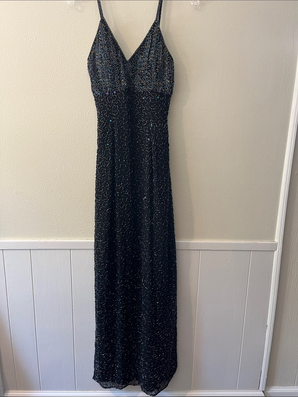 Black Beaded V-Neck Spaghetti Strap Maxi Dress 100 Pure Silk